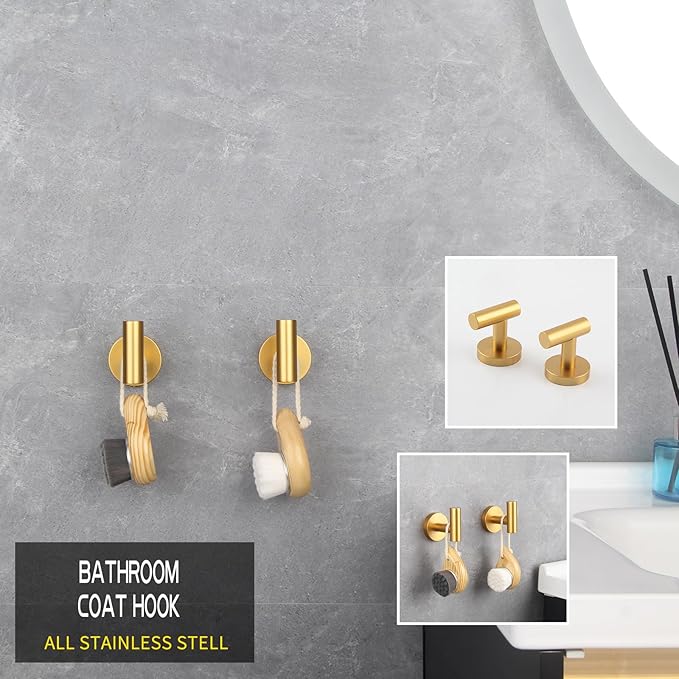 GERZWY Bathroom 3-Piece Accessories Hardware Set Gold Stainless Steel - 2X Coat Hook Toilet Paper Holder AG1401B-BE