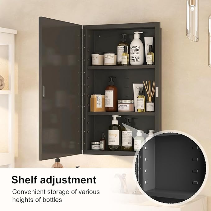 Metal Recessed Medicine Cabinets for Bathroom,Wall Mounted Medicine Cabinet with Mirror,Bathroom Cabinet with Mirror,Adjust Shelves Mirrored Cabinets with Storage,Fully Assembled 16x26