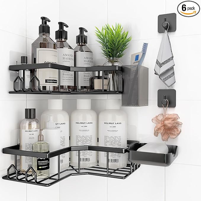 Adhesive Shower Caddy, 6 Pack Corner Bath Organizer, Rustproof Stainless Steel Shower Shelves with Large Capacity, No Drilling Shelves for Bathroom Storage, Home, Kitchen Decor