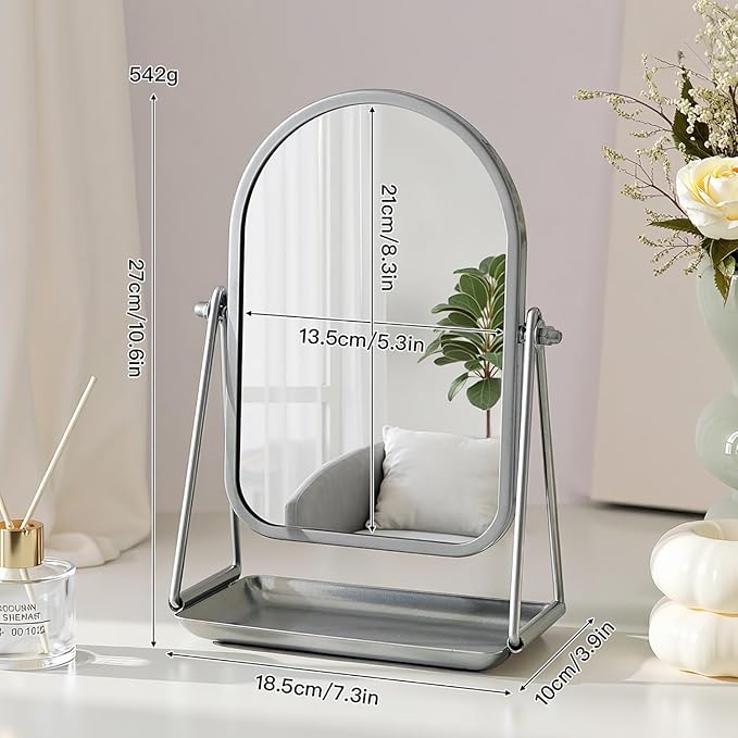Vanity Mirror for Desk Arched Table Makeup Mirror 360°Rotation Freestanding Vanity Mirror with Metal Tray Silver Countertop Mirror with Storage for Living Room Bedroom Bathroom