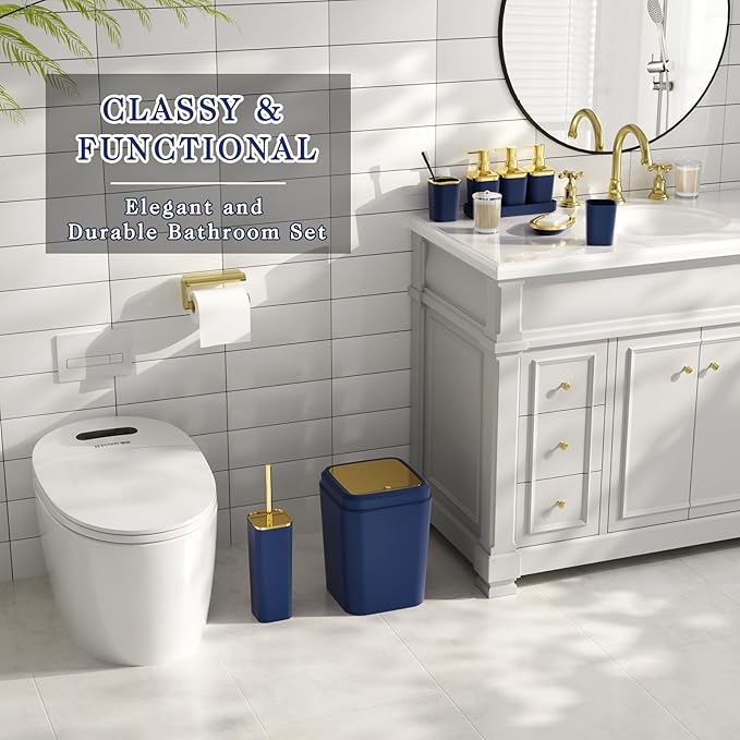 Bathroom Set — Blue Bathroom Accessories Set, 11PC Bathroom Accessory Set, Blue Bathroom Set with Push-lid Trash Can, 3PC Soap Dispensers, Toilet Brush & Qtip Holders