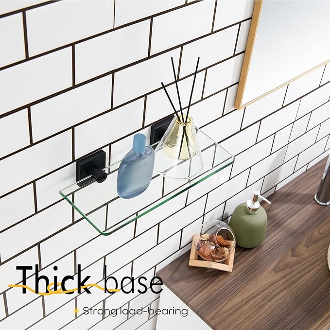 KOKOSIRI Glass Shelf Floating Bathroom Shelves 12-Inch Tempered Glass Rack for Shower Storage Wall Mount, 2 Pack Black Stainless Steel B1107BK-L12-P2