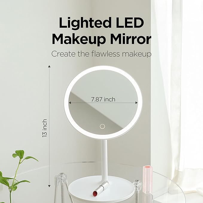 mooas Travel Makeup Mirror, Portable LED Lighted Vanity Mirror, 6.1×7.83 in Slim Foldable Mirror with Touch Control, 3-Color Dimmable Lighting, Rechargeable USB-C, Pouch Included, White (Round)