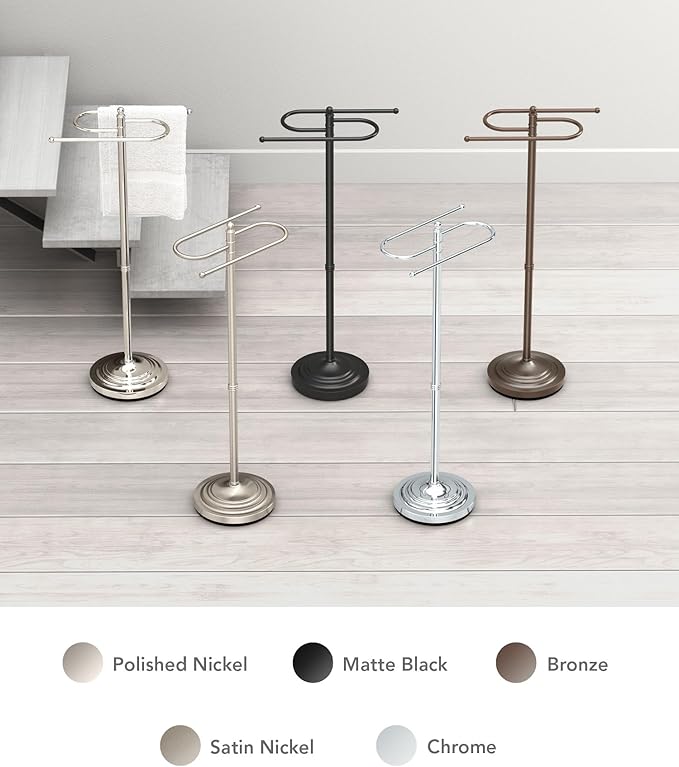 Gatco 1505PN, Modern Round Base Floor Standing S Style Towel Holder, Polished Nickel / 38" H Freestanding Hand Bath Towel Stand for Bathroom