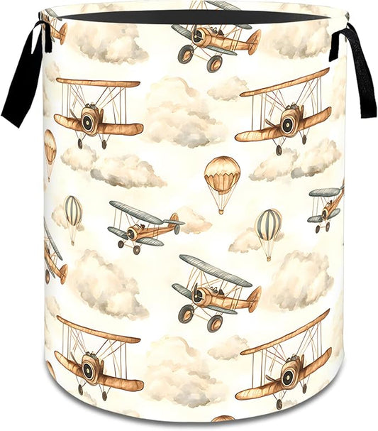 Vintage Airplane Laundry Basket,Dirty Clothes Hamper,Retro Plane and Cloud Storage Bin,Aviation Lovers Gifts,Waterproof Oxford Cloth Baskets for Bathroom,Bedroom,Home Decoration(19.7" x 15.8")