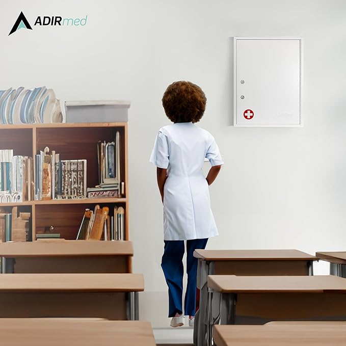 AdirMed Locking Medicine Cabinet Wall Mounted First Aid Cabinet with Lock, Lockable Wall Medicine Cabinet with Dual Lock and Dual Keys, 21" H x 16" W x 6" D, White