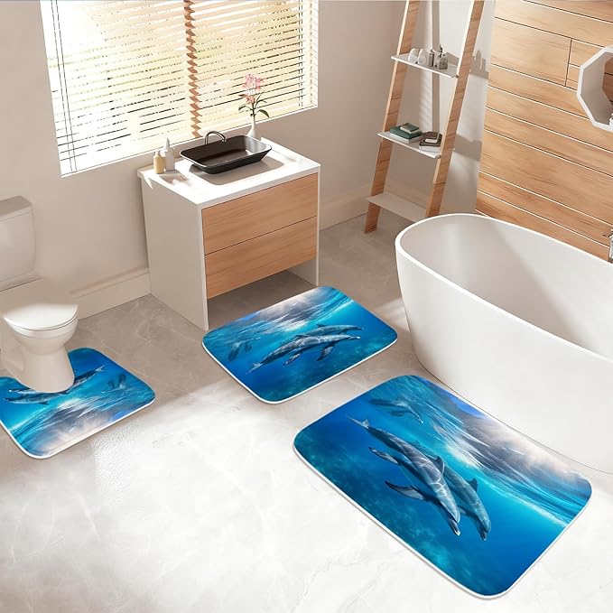 Sea Animals Undersea Dolphins Bathroom Rugs and Mats Sets 3 Piece, Memory Foam 20 x 31.5 inch Bath Mat, U-Shaped Contour Shower Mat Non Slip Absorbent Washable