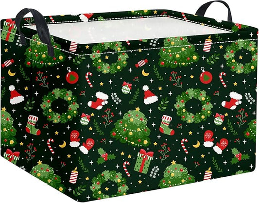 Rectangular Christmas Basket Trick or Treat Spooky Boo Basket with Handles for Women Girls Cute Storage Bin Organizer(Green Christmas)