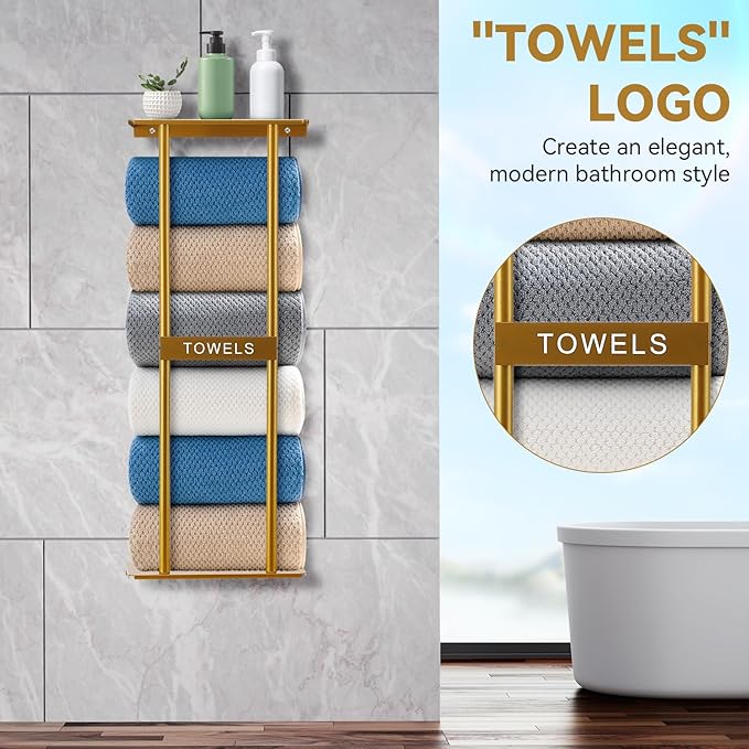 Vertical Towel Rack Wall Mounted - Metal Rolled Towel Holder, 31 Inch Black Space Saving Bathroom Storage Shelf for Shower, Toilet & RV (Golden)