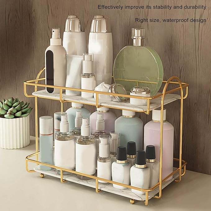 2 Tier Bathroom Storage Rack, Anti Slip Makeup Shelf in Gold White, Humanized Structure, Convenient Counter Organizer for Bathroom (L), Stylebestwxozqvbyd6-12
