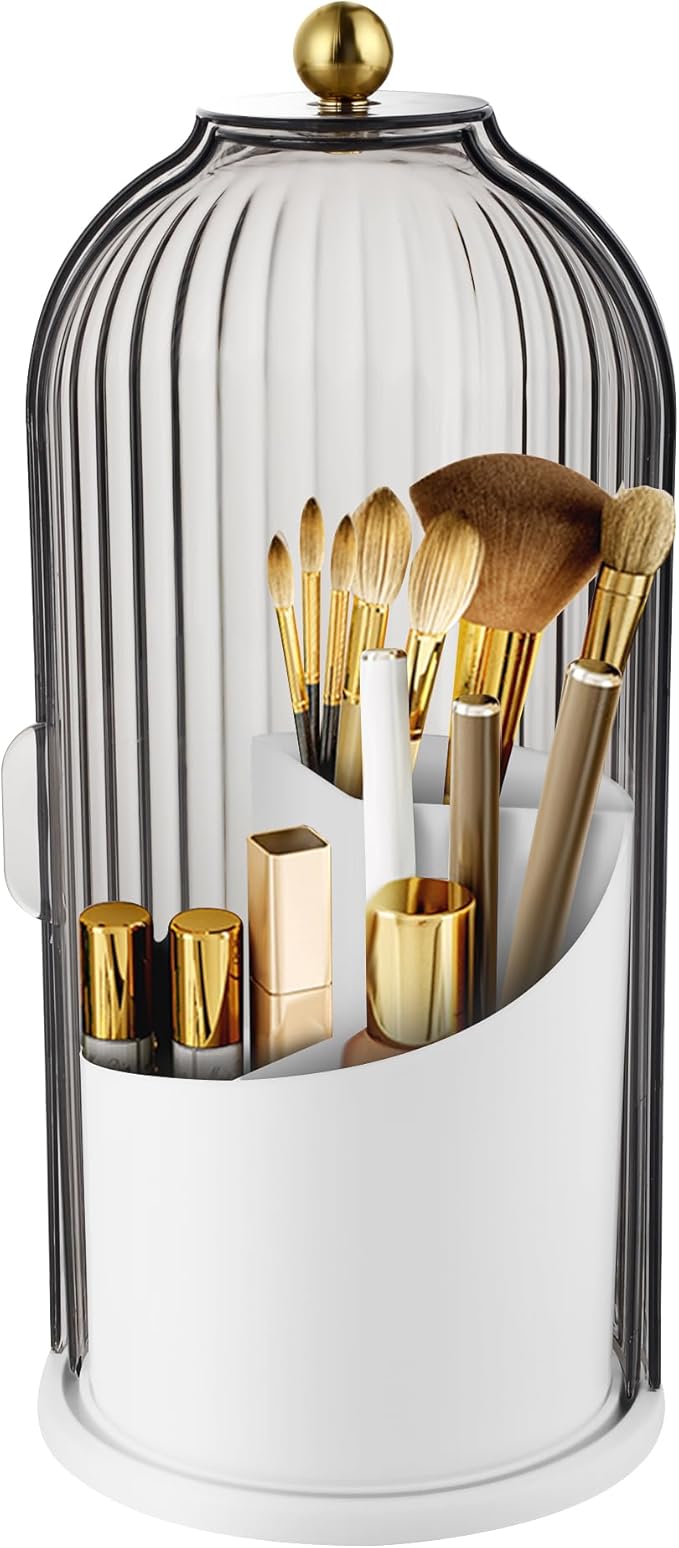 Makeup Brush Holder Organizer, 360 Rotating Makeup Brush Holder, Dustproof Waterproof Material & with 3 Compartments for Organized Storage, Dressing Tables Clear Storage Skincare Cosmetic (Grey)