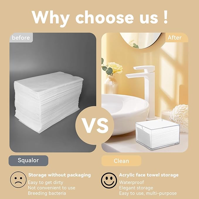Klmnop Disposable Face Towel Holder, Clear Storage Box with Drawer for Face XL Towels, Stackable Face Towel Box for Bathroom and Vanity(Clear)