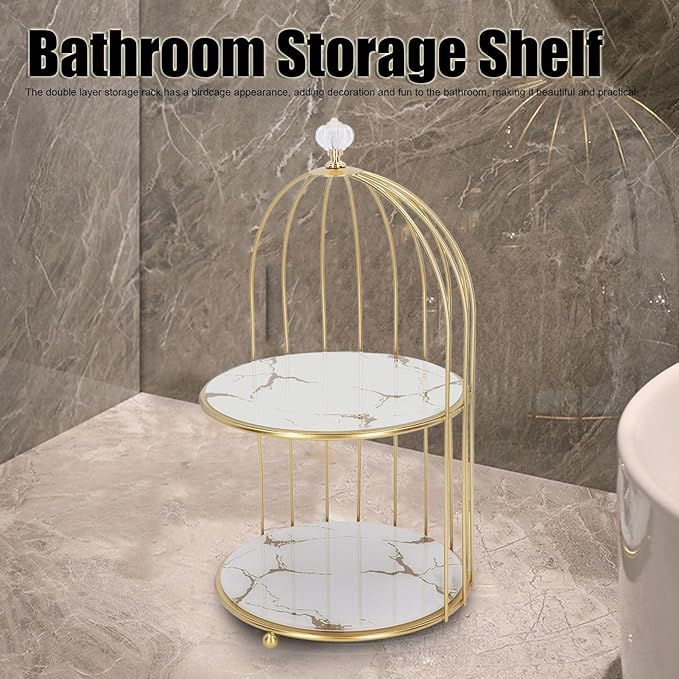Double Layer Storage Shelf Bird Cage Organizer Display Rack for Bathroom Countertop Dressing Table Gold Frame (White Base Gold Pattern)