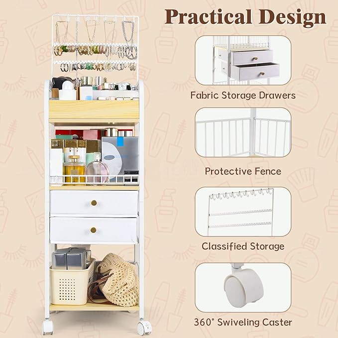 Makeup Cart, Makeup Organizer Cart with Wheels, Rolling Floor Skincare Organizer, Jewelry Organizer for Earring Necklace, Vanity Storage Drawers for Skincare Perfume Nail Polish Brush