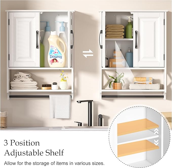 Farmhouse Bathroom Wall Cabinet with Tower Bar, 20"x25" Wall Storage Cabinet with Barn Doors & 3 Point Adjustable Shelf, 3-Tier Wall Mounted Medicine Cabinet for Bathroom Kitchen Living Room