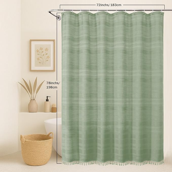 OVZME Light Green Shower Curtain 78 Inch Long, Boho Thick Linen Textured Shower Curtain with Tassel, Farmhouse Minimalist Striped Weighted Machine Washable Bathroom Decor, 72Wx78L Inches