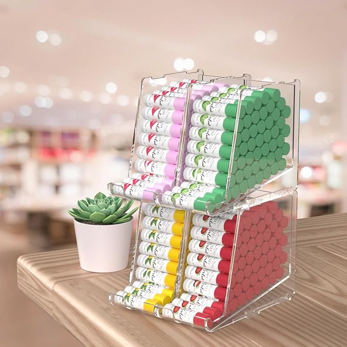 Marketing Holders 2 Pack Clear Acrylic Lip Balm Dispenser Stackable and Small Home Freestanding Countertop Display for Lipsticks Glosses Chapsticks or Essential Oils in Stores and Boutiques