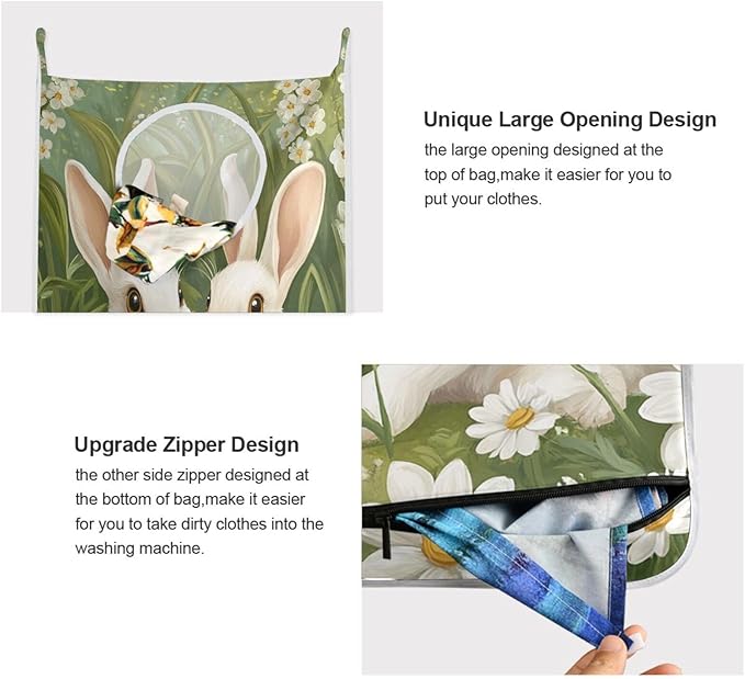Green Easter Bunny Daisy Door Hanging Laundry Hamper Bag with Free Adjustable Stainless Steel Hooks Dirty Clothes Hamper Extra Large Over the Door Laundry Hamper 29.5X20inch 2Pack