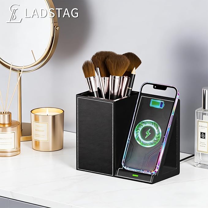 LADSTAG Makeup Brush Holder,Leather Makeup Brush Holder Organizer with phone charging stand???Makeup Organizers Countertop, Makeup organization and Skincare Storage for Vanity, Desktop, Bathroom