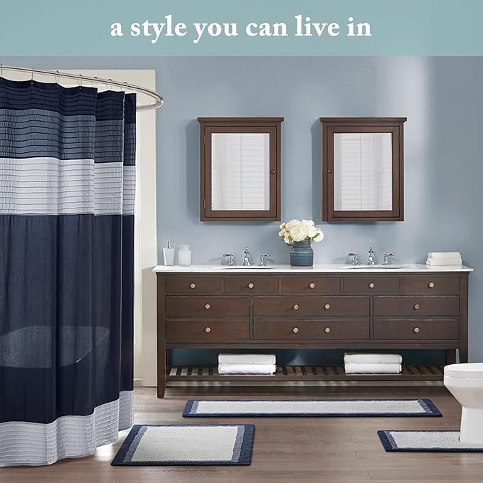 Madison Park Amherst Bathroom Shower Curtain Faux Silk Pieced Striped Modern Microfiber Bath Curtains, 72x84 Inches, Blue