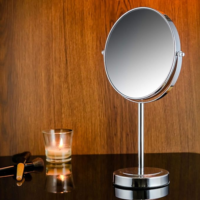 OVENTE 8" Tabletop Mirror, 1X & 7X Magnification, Adjustable Double Sided Round Table Mirror, Flip for Closeup View, Compact for Cubicle, Vanity and Travel, Polished Chrome MNLMT80CH1X7X (Pack of 2)