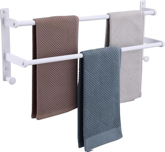 White Double Towel Rack with Hooks, 24 Inch Stainless Steel Towel Rails, Wall Mounted Bathroom Towel Holder