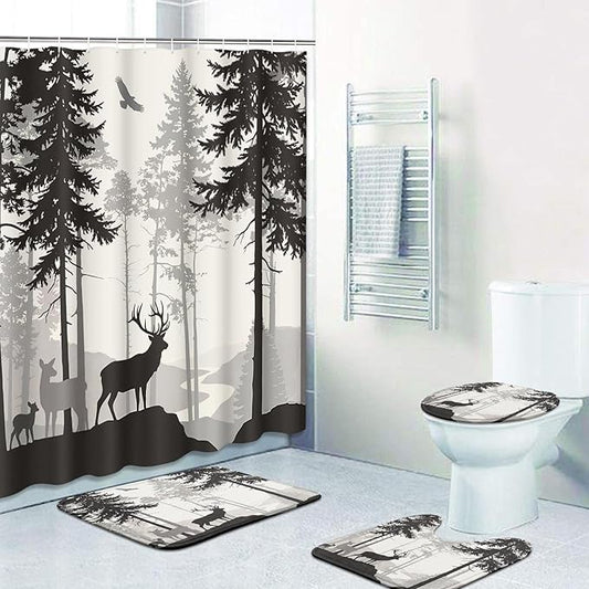 Britimes 4 Piece Shower Curtain Sets, with 12 Hooks, Pine Forest Family Deer with Non-Slip Rugs, Toilet Lid Cover and Bath Mat for Bathroom Decor Set, 72" x 72"