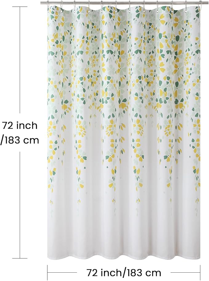 Fabric Floral Shower Curtain, Yellow and Sage Green Flower Shower Curtains for Bathroom, Waterproof Bathroom Curtains, 72" W x 72" H