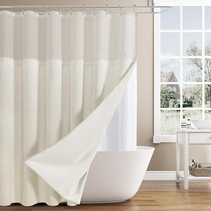 Naturoom Long Shower Curtain with Liner 78 Length Beige Linen Shower Curtain and Liner Set Heavy Duty Textured Cloth Cream Burlap Double Bath Curtains with Mesh Top Window Country Style Decor