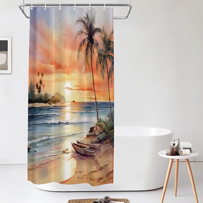 Shrahala Summer Sunset Beach Decorative Shower Curtain, Tropical Seaside Scene Bathroom Décor Polyester Fiber Waterproof with Plastic Rings for Shower Stall Bathtubs 72 X 36 in