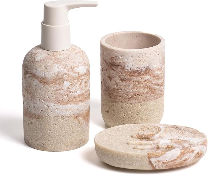 Bathroom Accessories Set, 3 Pcs Decorative Bathroom Essentials with Lotion Soap Dispenser, Toothbrush Holder, Soap Dish, Bathroom Sink Set for Home Bathroom Decor, Housewarming Gift Bathroom Accessory
