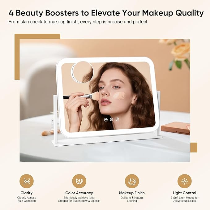 Vanity Mirror with LED Lights, 16.4x12.2 Inch Makeup Mirror, 3-Color Dimmable Touch Screen, 5X Magnification, 360° Rotation, Large Tabletop Mirror for Bedroom Vanity