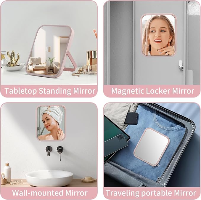 Desk Makeup Mirror 6 x 7 inches Table Mirror with Foldable Stand and Hanging Hole for Shaving and Travelling, Perfect for Dorm Room Cabinets, Refrigerator, Office.