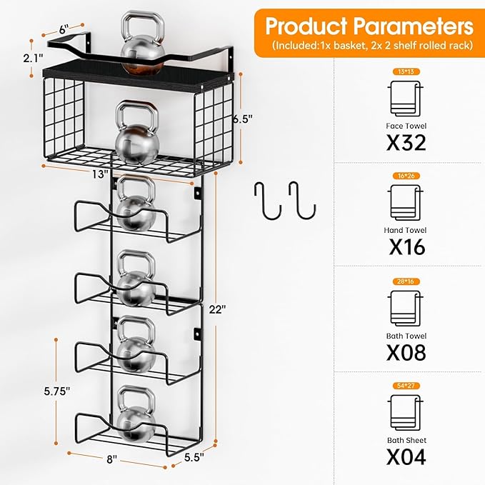 Towel Racks for Bathroom,Towel Rack Wall Mounted, 6 Tier Rolled Or Folded Towel Holder with Floating Shelves, Bathroom Towel Holder for Bath, Hand Towels,Metal and Wood,Full Black