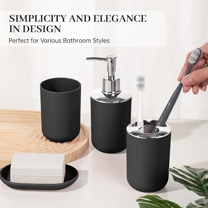 Bathroom Accessory Set, 4 Pcs Plastic Bathroom Set Include Soap Dispenser, Soap Dish, Toothbrush Holder, Mousewash Cup, Modern Bahtroom D??cor Set, Space Save for Bathroom(Black)