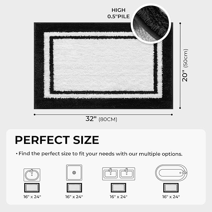 GRANNY SAYS Microfiber Bathroom Rugs Non Slip Washable, Water Absorbent Bathrooms Mats for Tub Non Slip, Soft Bath Mats for Floor & Shower, Long Bathroom Rug, 20" x 32", Black Bath Rug