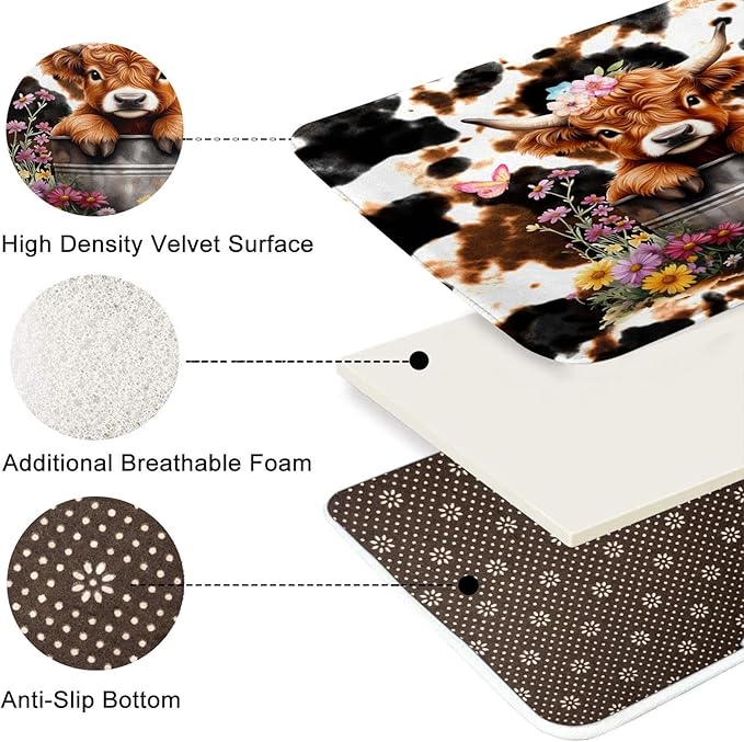 Highland Bull Flowers Shower Curtain Set with Toilet Lid Cover and Non-Slip Rugs, Cow Print 4 Pcs Shower Curtain with 12 Hooks, Farmhouse Vintage Bathroom Set with Rugs and Accessories