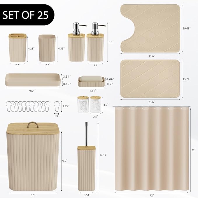 Bathroom Accessory Set - 25PC Bathroom Sets with Shower Curtain and Rugs, Beige Bathroom Set, Bathroom Accessories Set, Shower Curtain Sets with Rugs, Trash Can & Soap Dispenser
