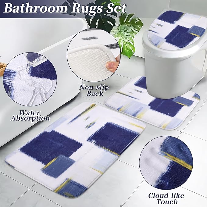 XLHOMO Bathroom Set - Navy Blue and Gold Bathroom Accessories Set, Bathroom Sets with Shower Curtain and Rugs, Blue Shower Curtain Set with Bathroom Trash Can, Soap Dispenser,Soap Dish for Home Decor