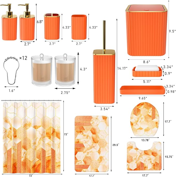 XLHOMO Bathroom Set - 26PC Bathroom Set with Shower Curtain and Rugs, Bathroom Accessory Set, Orange Bathroom Accessories Set, Trash Can & Soap Dispenser