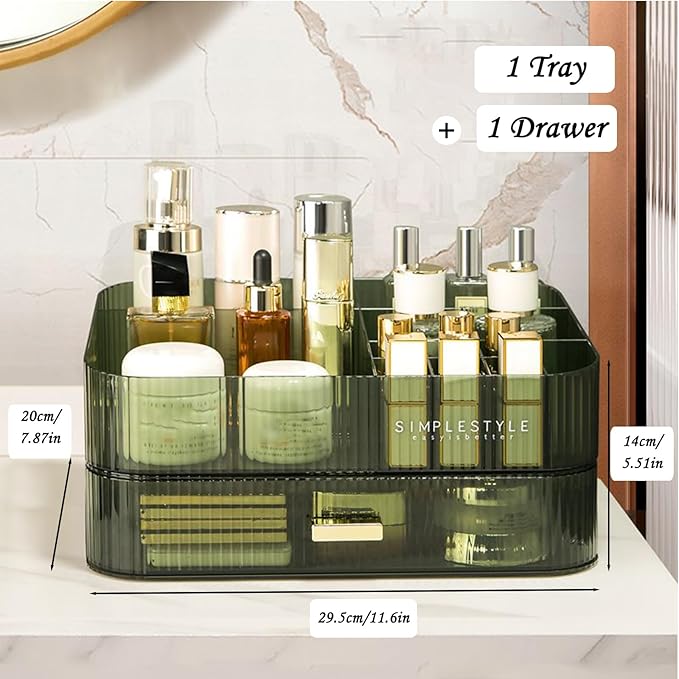 Makeup Organizer with Drawers, Stackable Cosmetics Organizer, Large Make Up Organizer Storage Box, Ideal for Bathroom Countertop and Desk (1 x Tray, Green)