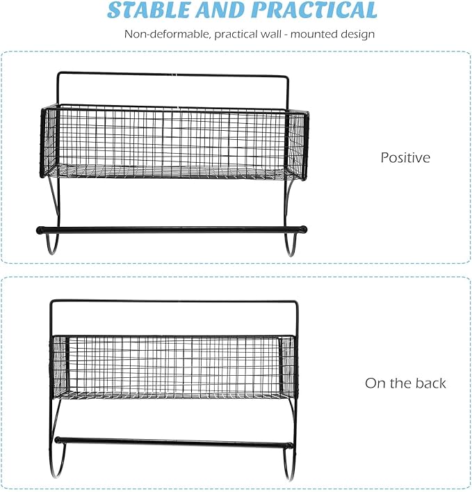 STOBAZA Wall-Mounted Bathroom Rack with Rod, Black Iron Multi-Function Storage Shelf for Toilet and Kitchen, Draining Hanging Holder for Space-Saving Household Organization
