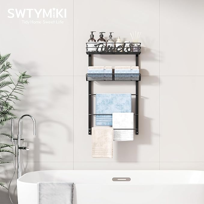 SWTYMIKI Over The Door Towel Racks for Bathroom - 5-Tier Wall Mounted Bathroom Towel Storage Organizer Holder with Metal Shelf, Black