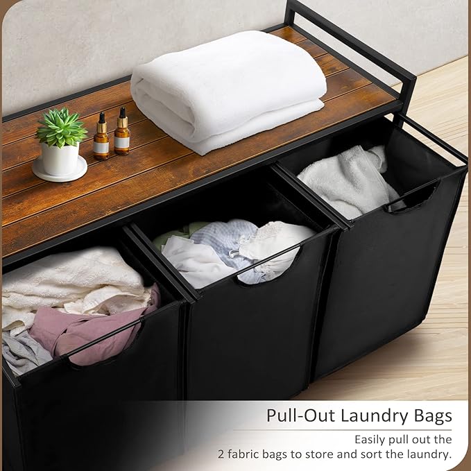 Graciadeco Pull Out Laundry Hamper 3 Compartment Laundry Sorter with Shelf 3 Section Laundry Basket with 3 x 16 Gallons Removable Bags for Laundry Room Bathroom and Dorm, Black