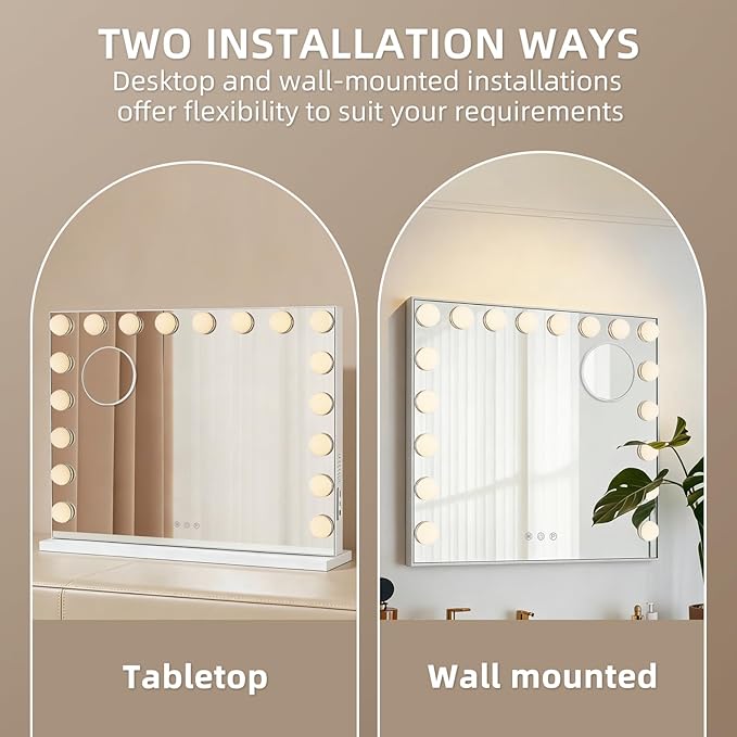 Large Vanity Mirror with Lights, 26"x20.87" Hollywood Mirror with 10X Magnification, 18 Dimmable LED Bulbs & 3 Color Lighting Modes Makeup Vanity Mirror for Desk Wall-Mounted