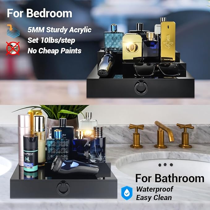 GOH&FTY Cologne Organizer for Men,3 Step Acrylic Waterproof Black Cologne Stand with Drawer and Secret Compartment, Cologne Holder Tray Display Shelf as a Gift for Men in Dresser,Bedroom