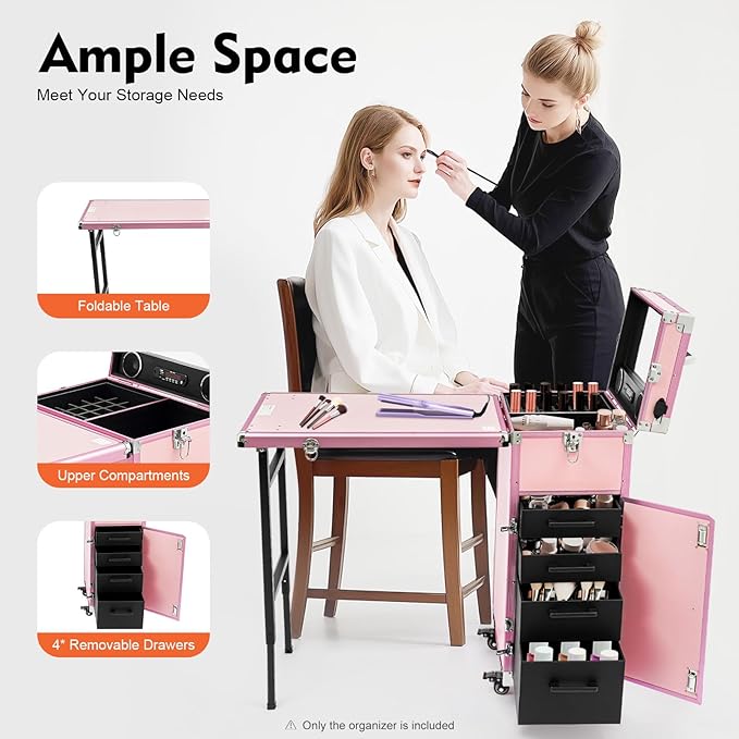 Portable Manicure Table Nail Foldable Nail Tables Travel Cosmetic Trolley Storage Organizer with 4 Drawers Mirror & Speaker Pink Artist Travel Organizer