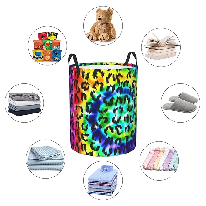 Leopard Round Laundry Hamper Rainbow Tie Dye Storage Basket Toys Clothes Organizer Bin For Home Bathroom Bedroom Dorm Nursery, 38l