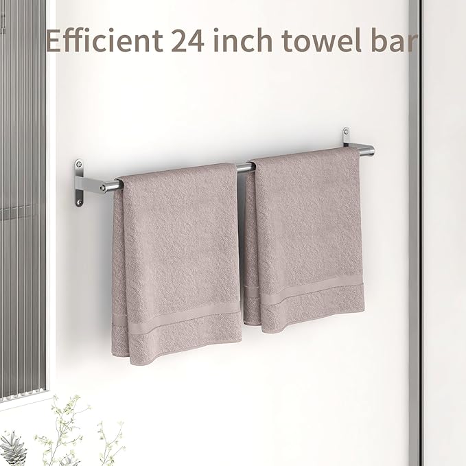 JUYSON 24 Inch Bathroom Towel Bar, Towel Racks for Bathroom Wall Mounted, Stainless Steel Heavy Duty Modern Single Towel Bar Holder Towel Rod Wall Mounted(Single Bar-Brushed Nickel,24 in)