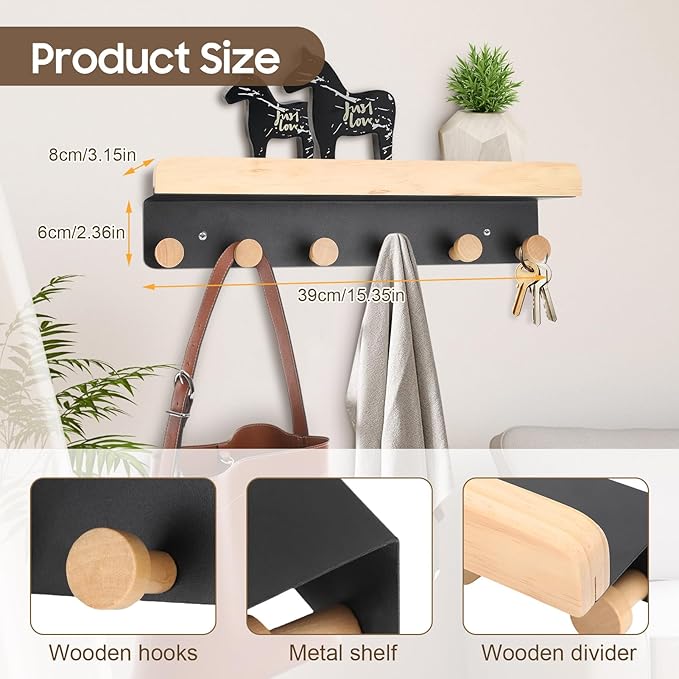 Gugxiom Wood & Metal Wall Mounted Coat Rack Shelf with Hooks, Pine Wood & Metal, Bathroom, Kitchen, Living Room, Entryways